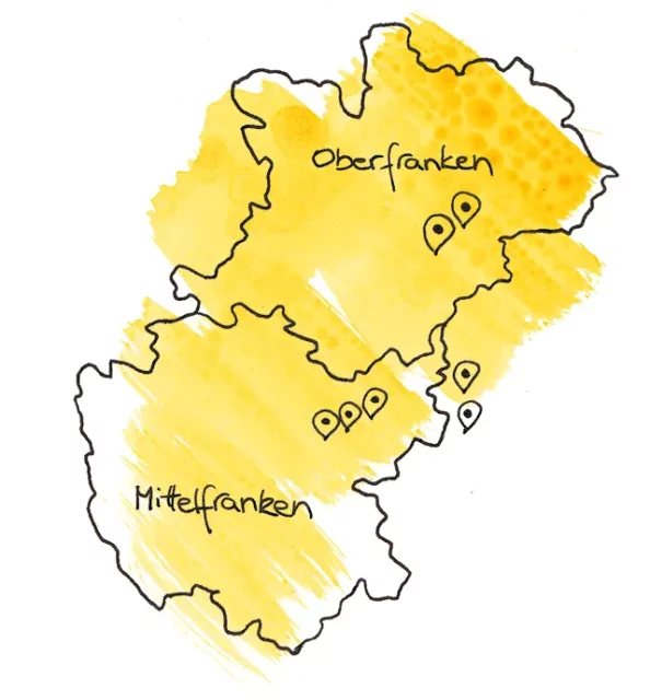 Gezeichnete Karte Oberfranken mit gelben Hintergrund