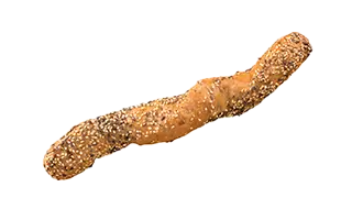 ein längliches, in sich verdrehtes Teilchen mit mehreren Sorten kleiner Kerne auf der Kruste