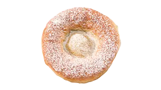 ein rundes Teilchen, mit Puderzucker bestreut