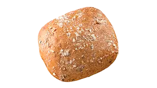 ein Brötchen aus dunklem Teig, mit Mehl bestäubt