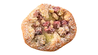 ein rundes Gebäckstück mit eingebackenen roten Beeren und Puderzucker