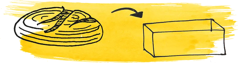 Zeichnung eines Brotlaib une einer Kiste mit gelben Hintergrund
